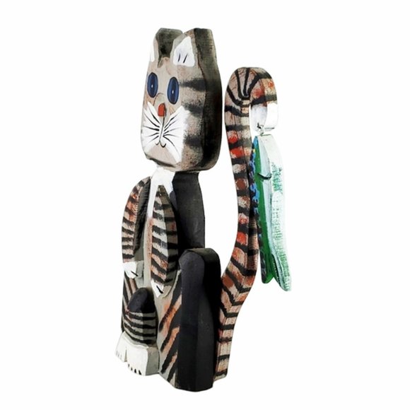 Folk Art Wooden Cat w/Fish Primitive Hand Painted Black & Gray Stripe 3D Vintage - Picture 6 of 6